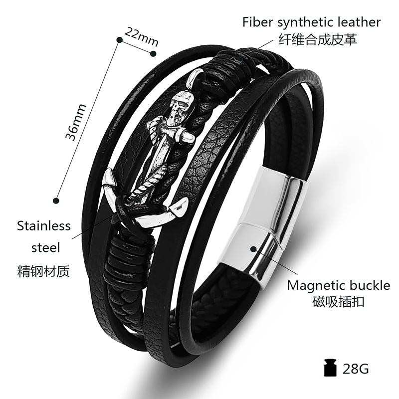 Men's Braided Leather Bracelet Anchor Stainless Steel Clasp Wristband Cuff Rope Bangle for Men Gifts