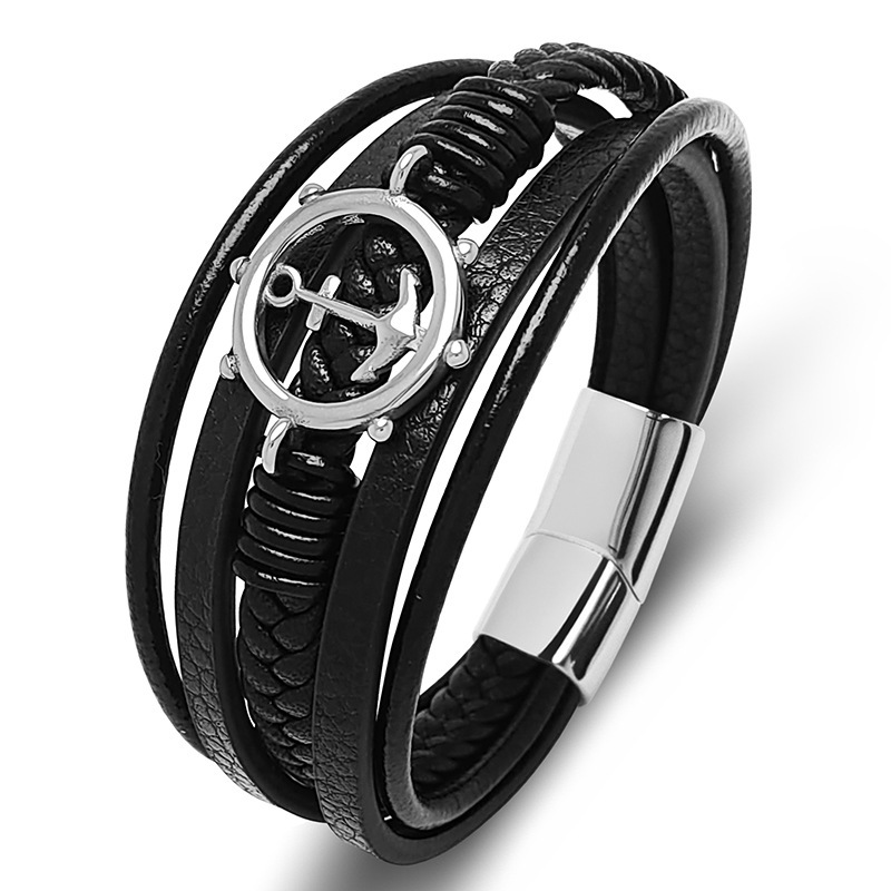 Men's Braided Leather Bracelet Anchor Stainless Steel Clasp Wristband Cuff Rope Bangle for Men Gifts
