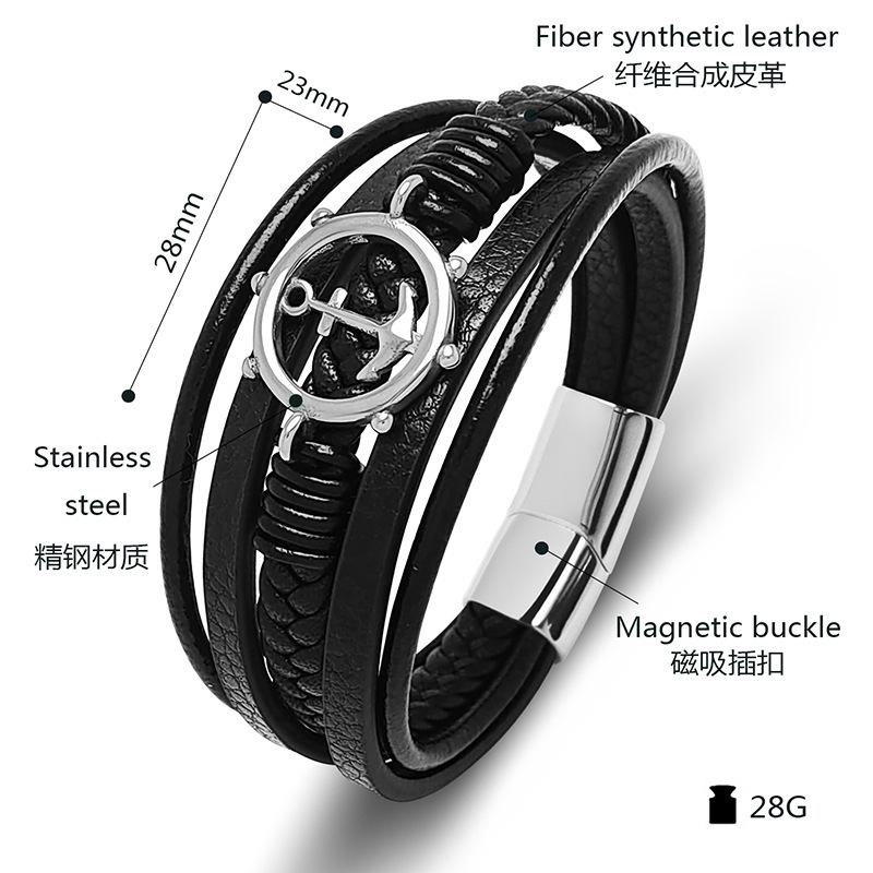 Men's Braided Leather Bracelet Anchor Stainless Steel Clasp Wristband Cuff Rope Bangle for Men Gifts