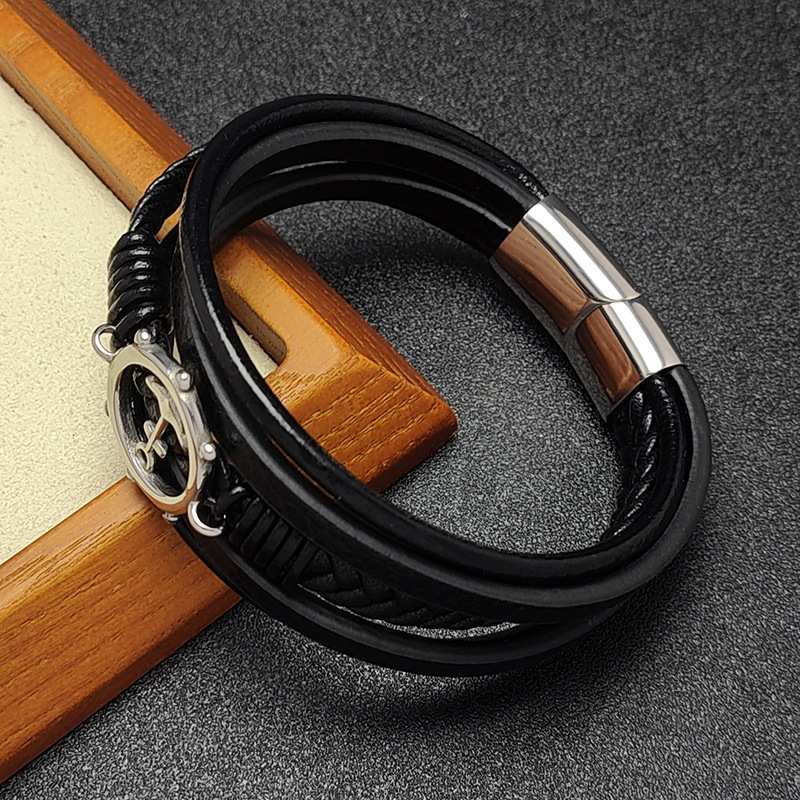 Men's Braided Leather Bracelet Anchor Stainless Steel Clasp Wristband Cuff Rope Bangle for Men Gifts