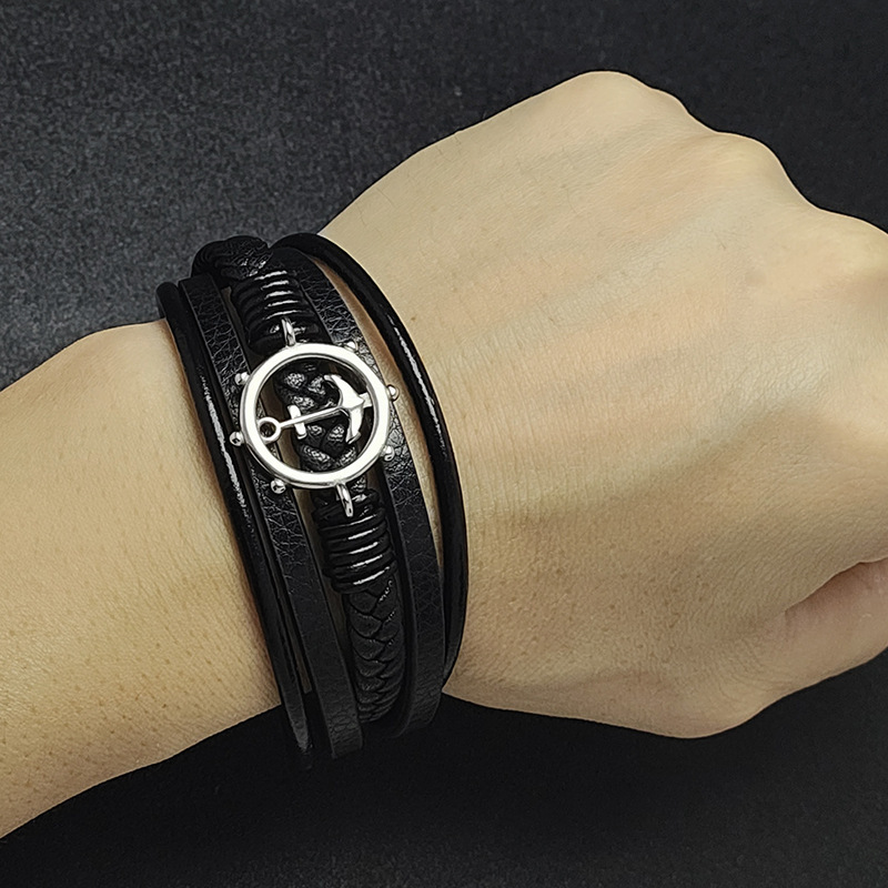 Men's Braided Leather Bracelet Anchor Stainless Steel Clasp Wristband Cuff Rope Bangle for Men Gifts