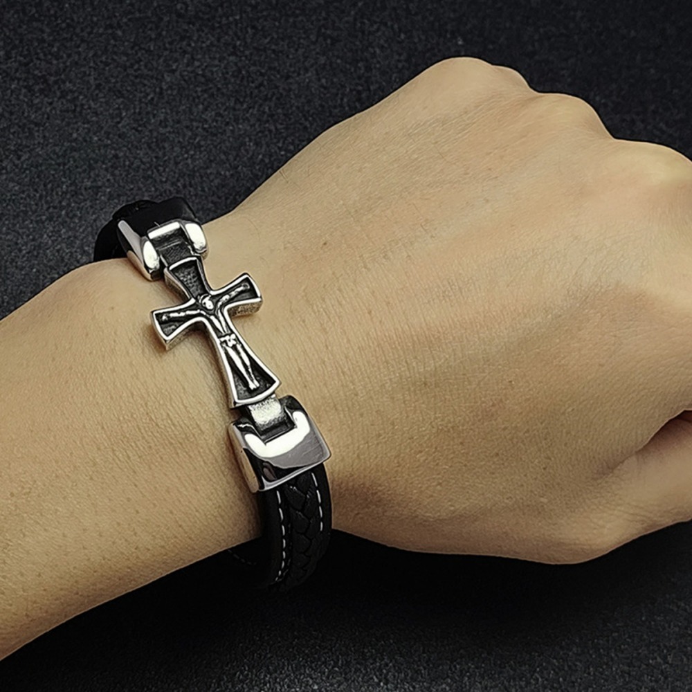 Men's Braided Leather Cross Stainless Steel Clasp Wristband Cuff Rope Bangle for Men Gifts