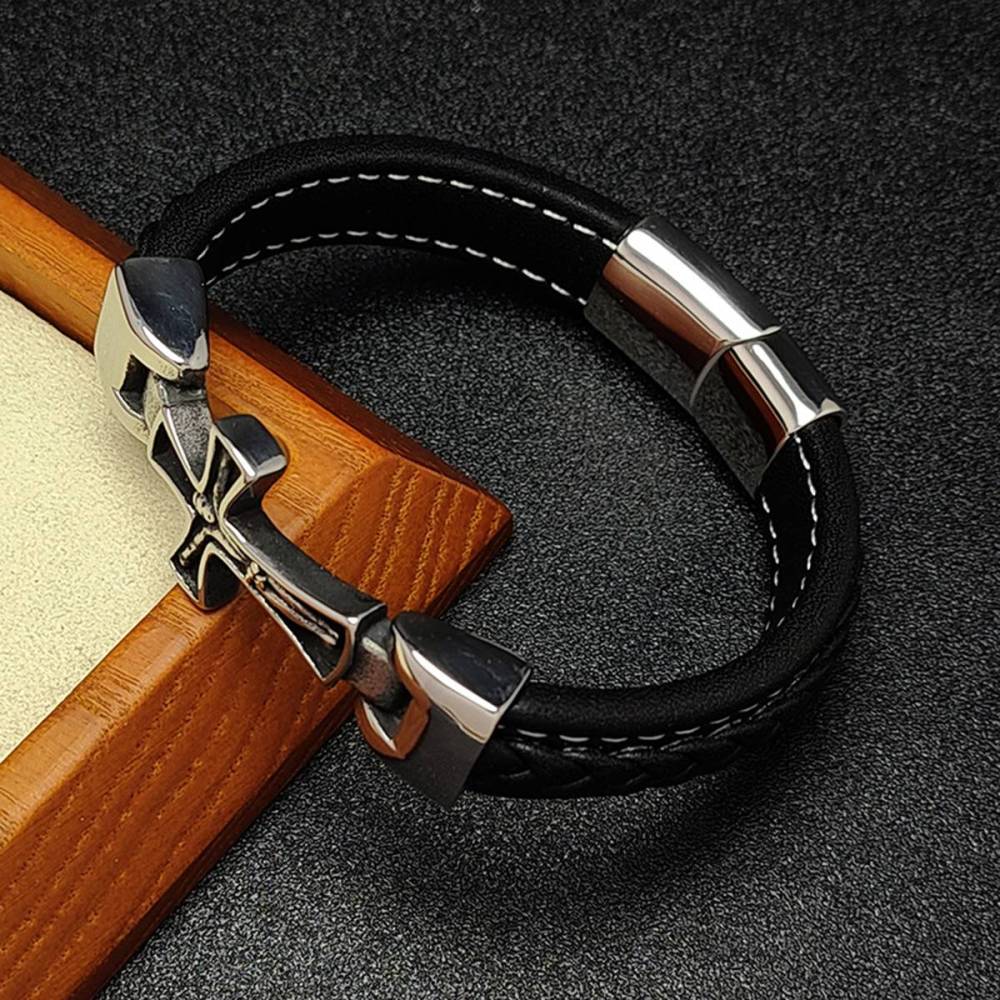 Men's Braided Leather Cross Stainless Steel Clasp Wristband Cuff Rope Bangle for Men Gifts