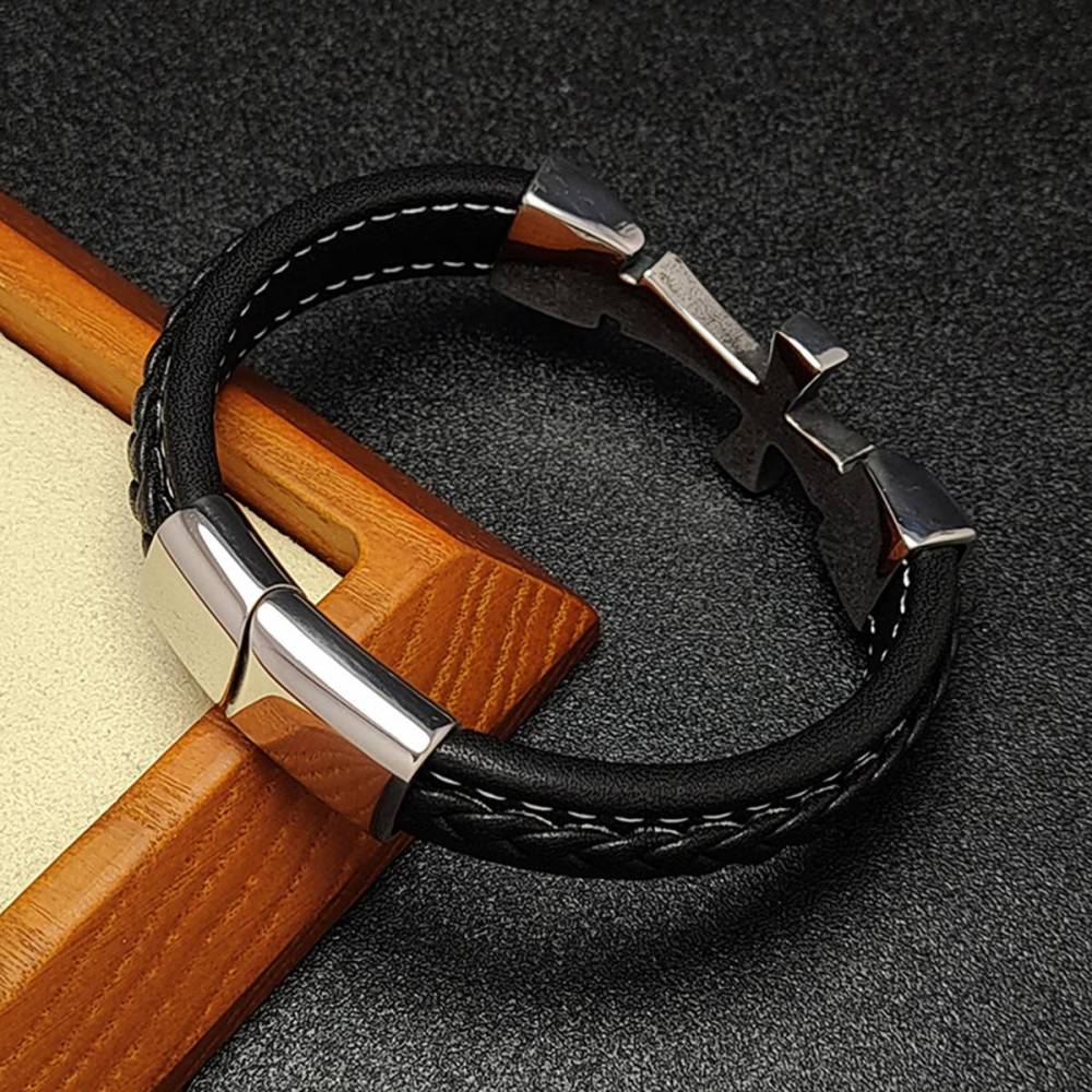Men's Braided Leather Cross Stainless Steel Clasp Wristband Cuff Rope Bangle for Men Gifts