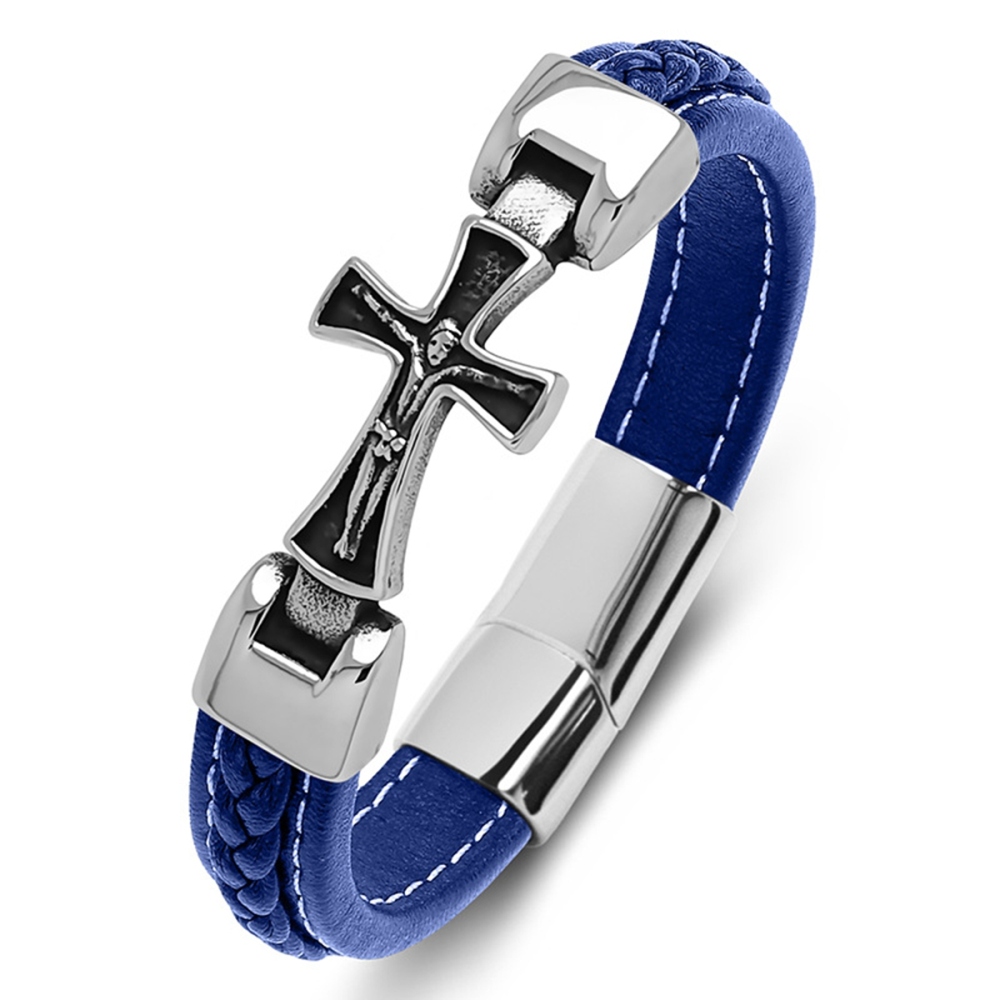 Men's Braided Leather Cross Stainless Steel Clasp Wristband Cuff Rope Bangle for Men Gifts