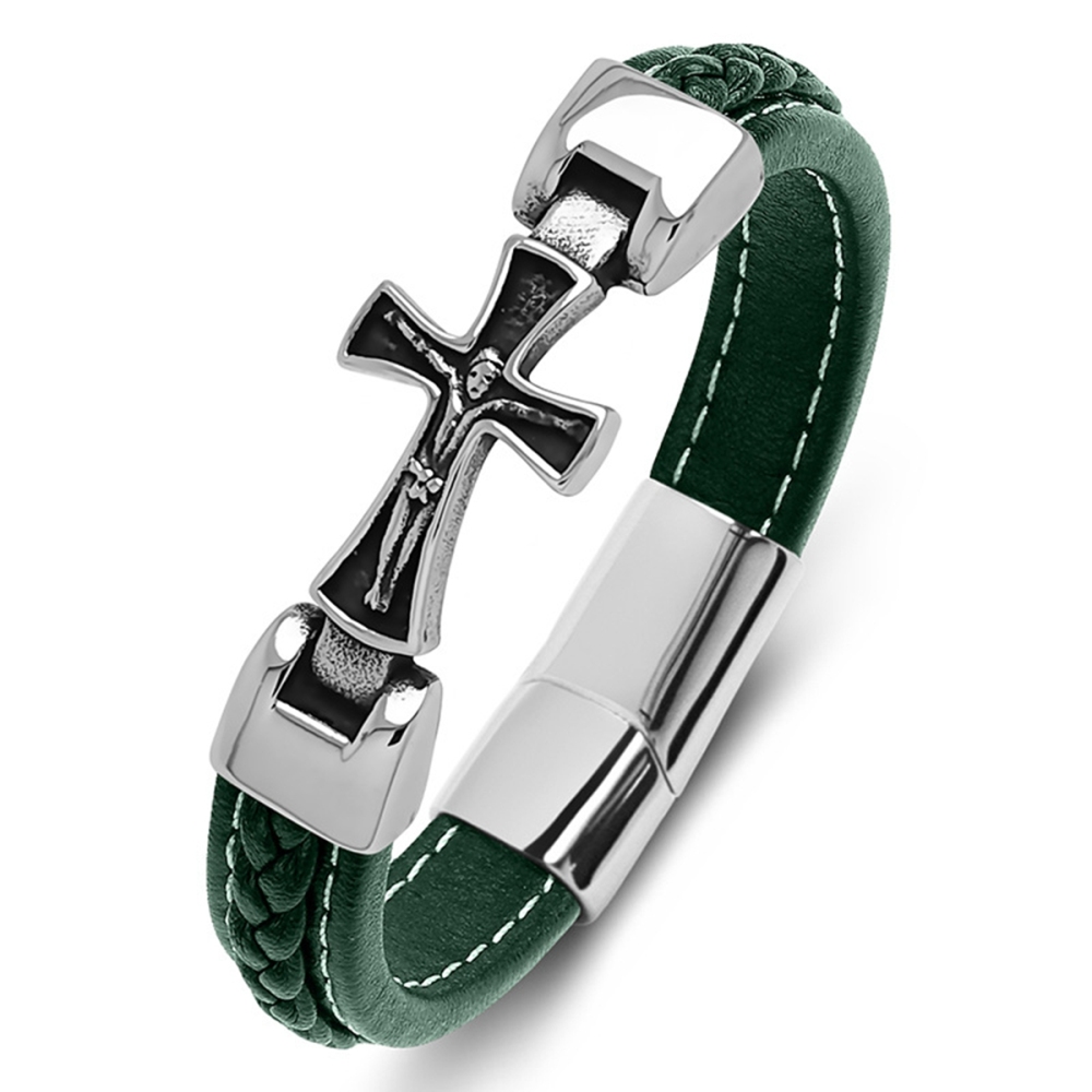 Men's Braided Leather Cross Stainless Steel Clasp Wristband Cuff Rope Bangle for Men Gifts