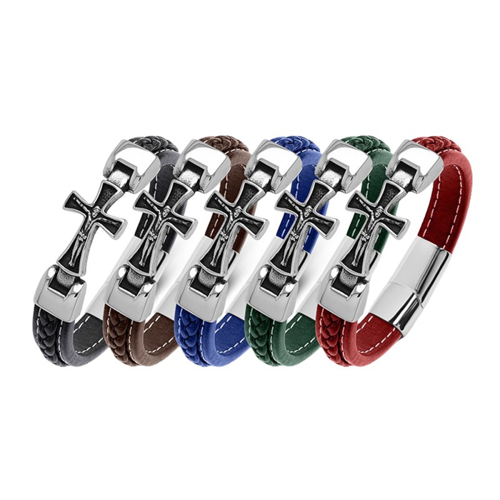Men's Braided Leather Cross Stainless Steel Clasp Wristband Cuff Rope Bangle for Men Gifts