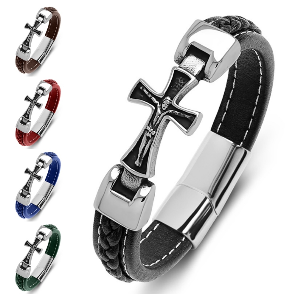 Men's Braided Leather Cross Stainless Steel Clasp Wristband Cuff Rope Bangle for Men Gifts