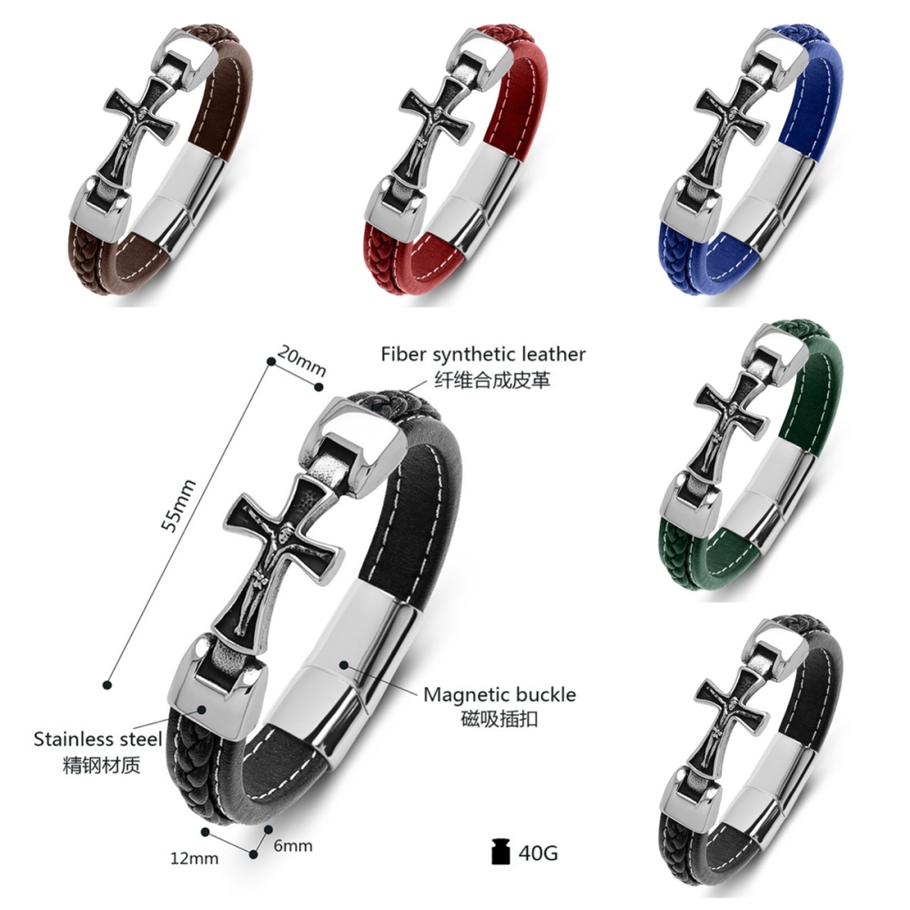 Men's Braided Leather Cross Stainless Steel Clasp Wristband Cuff Rope Bangle for Men Gifts