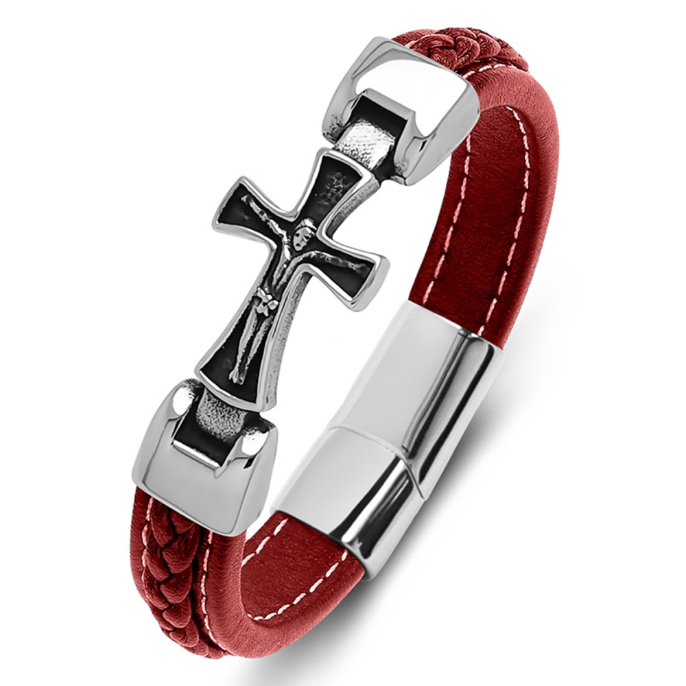 Men's Braided Leather Cross Stainless Steel Clasp Wristband Cuff Rope Bangle for Men Gifts