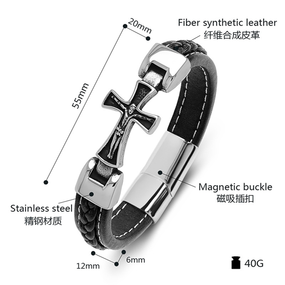 Men's Braided Leather Cross Stainless Steel Clasp Wristband Cuff Rope Bangle for Men Gifts