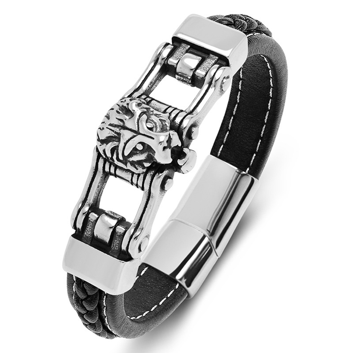 Men's Braided Leather Lion Head Stainless Steel Clasp Wristband Cuff Rope Bangle for Men Gifts