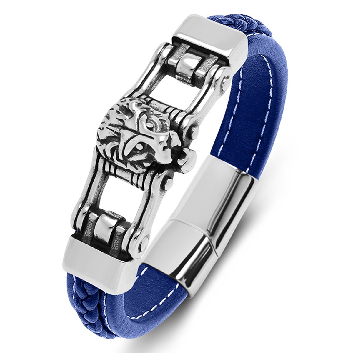 Men's Braided Leather Lion Head Stainless Steel Clasp Wristband Cuff Rope Bangle for Men Gifts