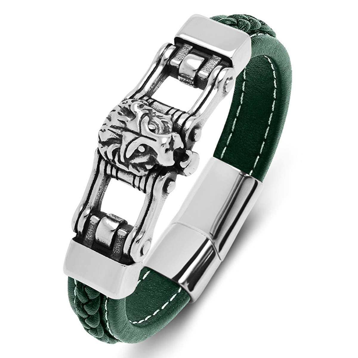 Men's Braided Leather Lion Head Stainless Steel Clasp Wristband Cuff Rope Bangle for Men Gifts