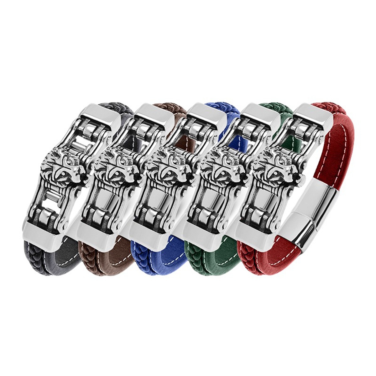 Men's Braided Leather Lion Head Stainless Steel Clasp Wristband Cuff Rope Bangle for Men Gifts