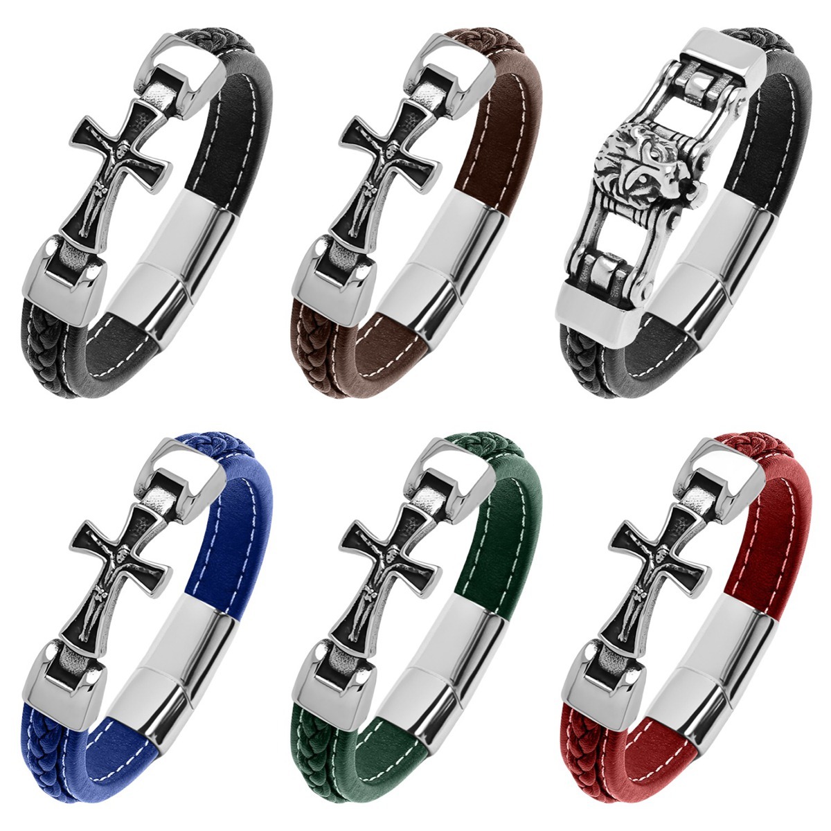 Men's Braided Leather Lion Head Stainless Steel Clasp Wristband Cuff Rope Bangle for Men Gifts