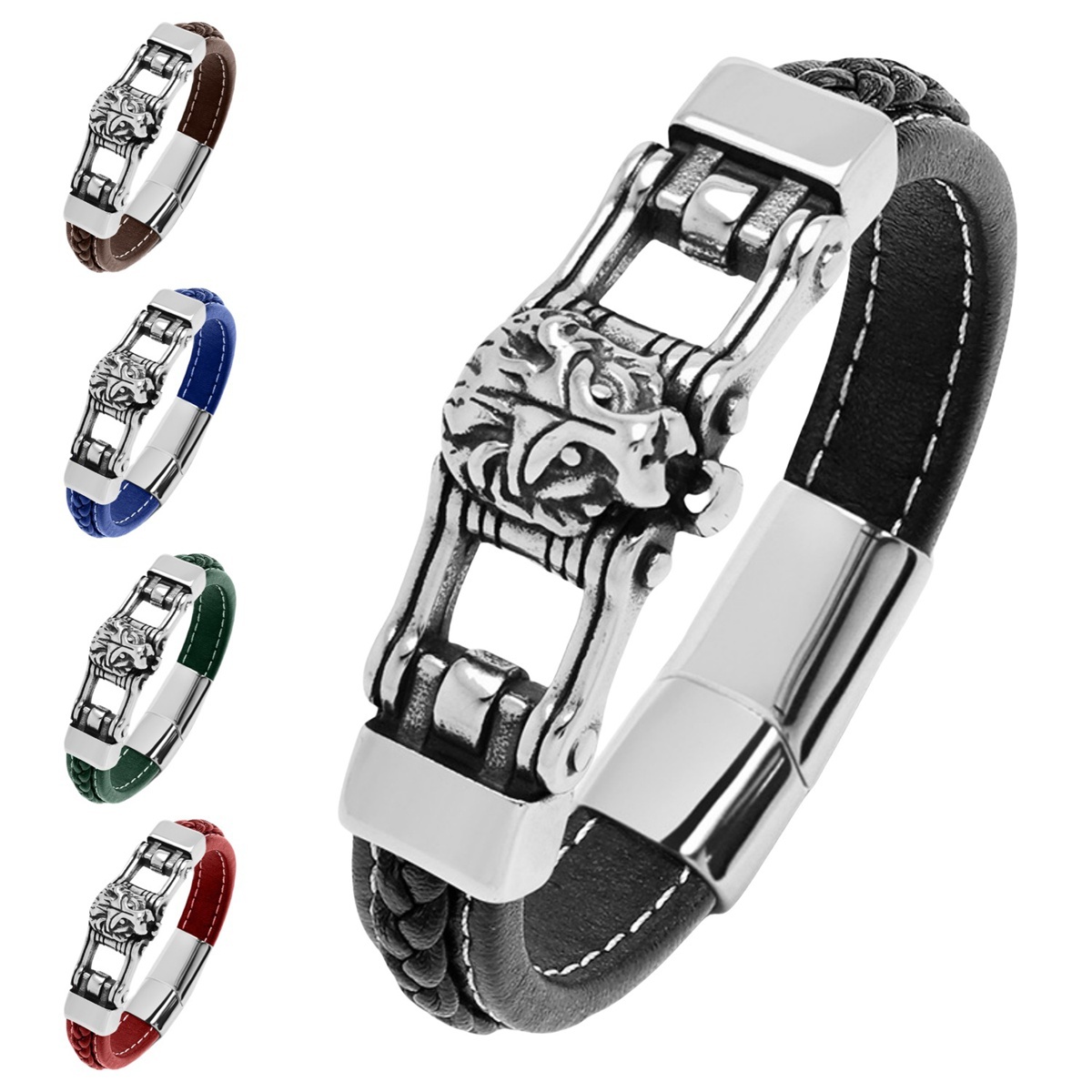 Men's Braided Leather Lion Head Stainless Steel Clasp Wristband Cuff Rope Bangle for Men Gifts
