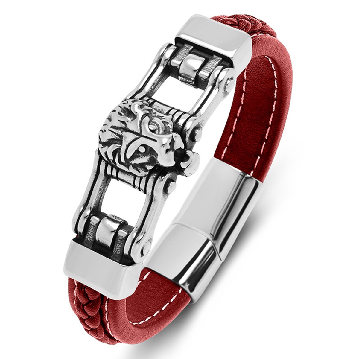 Men's Braided Leather Lion Head Stainless Steel Clasp Wristband Cuff Rope Bangle for Men Gifts