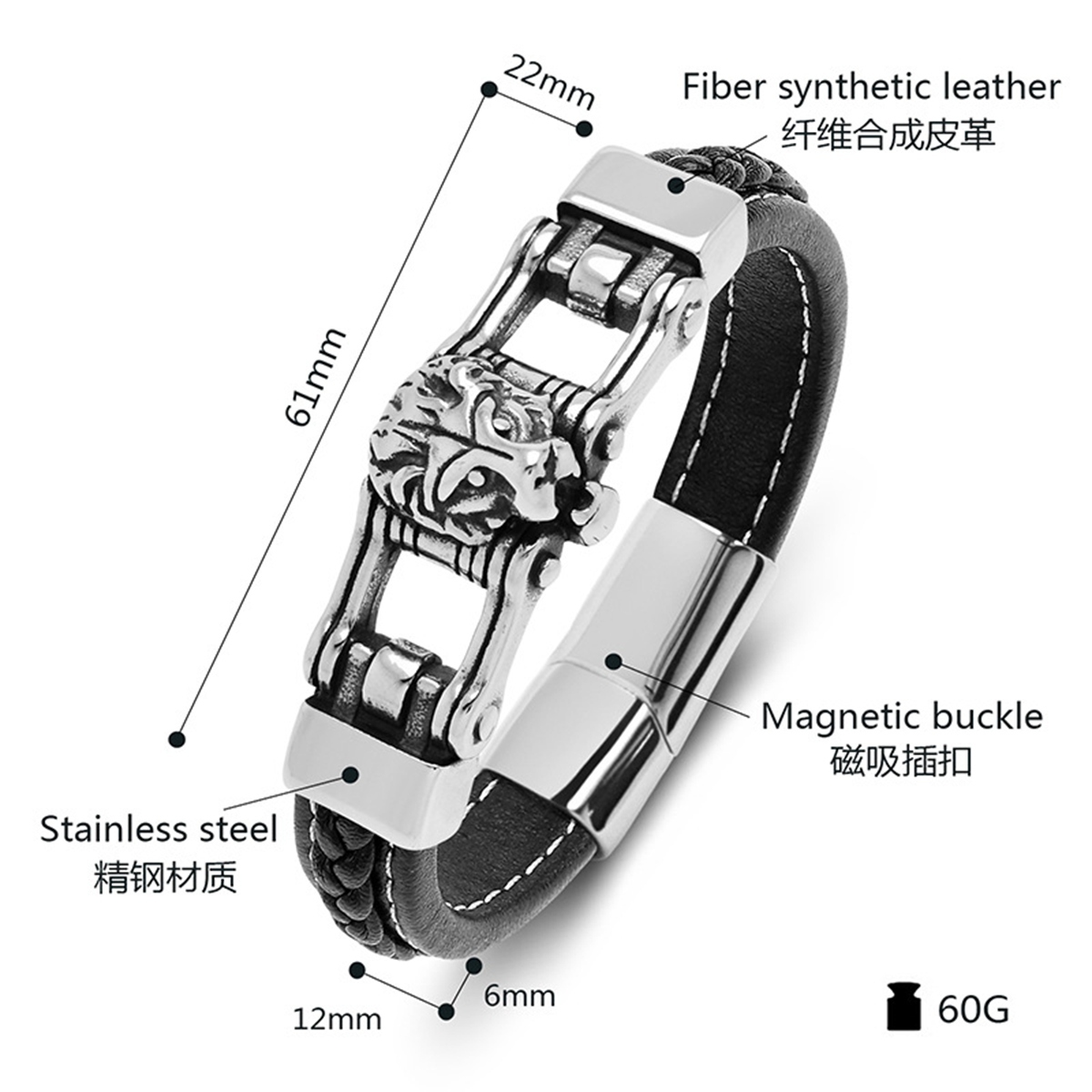Men's Braided Leather Lion Head Stainless Steel Clasp Wristband Cuff Rope Bangle for Men Gifts