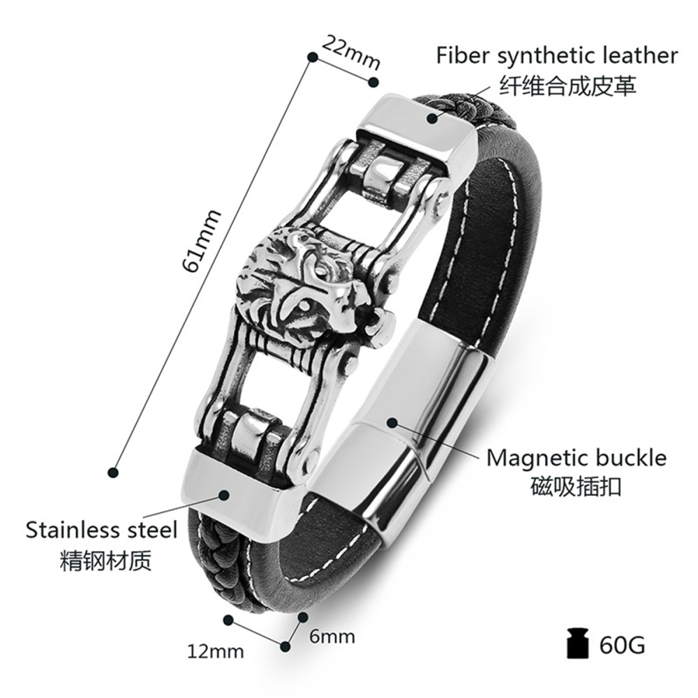 Men's Braided Leather Lion Head Stainless Steel Clasp Wristband Cuff Rope Bangle for Men Gifts