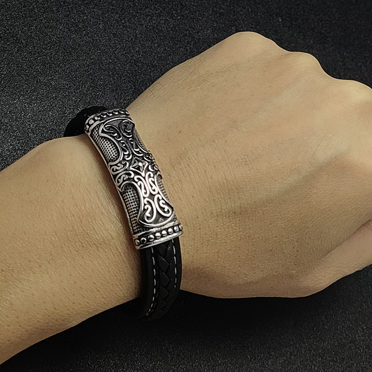 Men's Braided Leather Bracelet Cross Relief  Stainless Steel Clasp Wristband Cuff Rope Bangle for Men Gifts