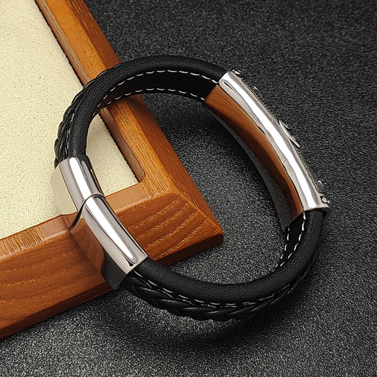 Men's Braided Leather Bracelet Cross Relief  Stainless Steel Clasp Wristband Cuff Rope Bangle for Men Gifts