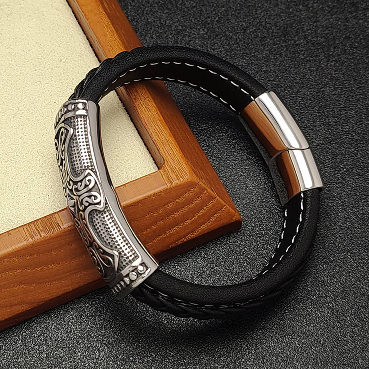 Men's Braided Leather Bracelet Cross Relief  Stainless Steel Clasp Wristband Cuff Rope Bangle for Men Gifts