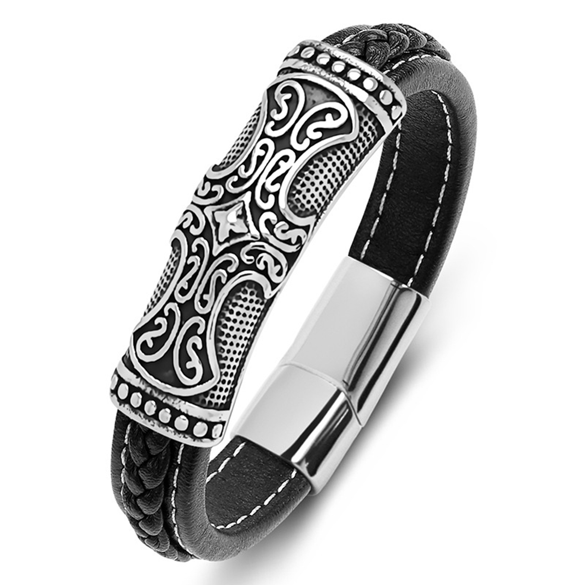 Men's Braided Leather Bracelet Cross Relief  Stainless Steel Clasp Wristband Cuff Rope Bangle for Men Gifts