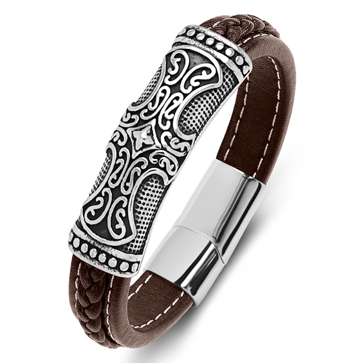 Men's Braided Leather Bracelet Cross Relief  Stainless Steel Clasp Wristband Cuff Rope Bangle for Men Gifts