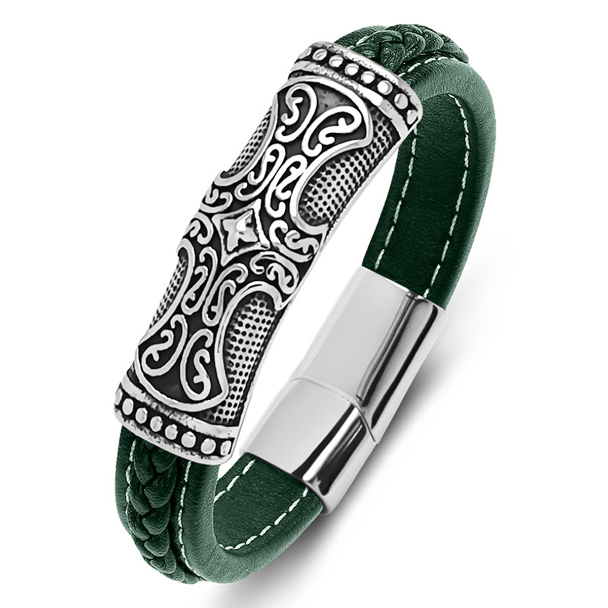 Men's Braided Leather Bracelet Cross Relief  Stainless Steel Clasp Wristband Cuff Rope Bangle for Men Gifts