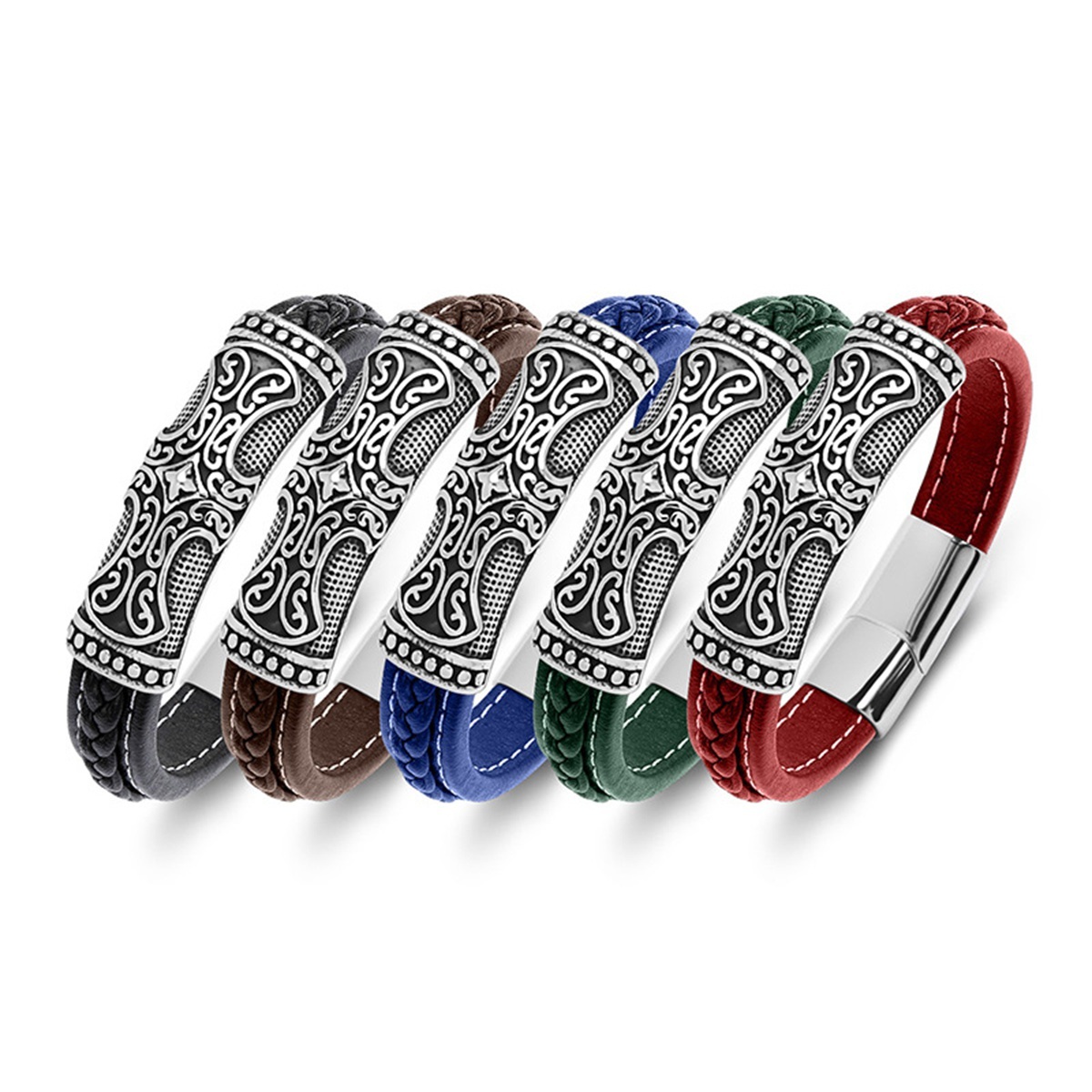 Men's Braided Leather Bracelet Cross Relief  Stainless Steel Clasp Wristband Cuff Rope Bangle for Men Gifts