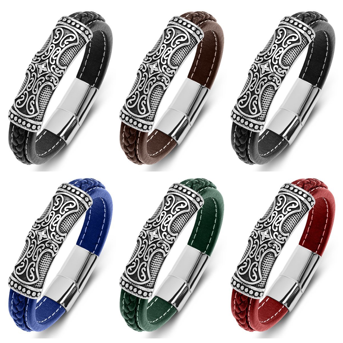 Men's Braided Leather Bracelet Cross Relief  Stainless Steel Clasp Wristband Cuff Rope Bangle for Men Gifts