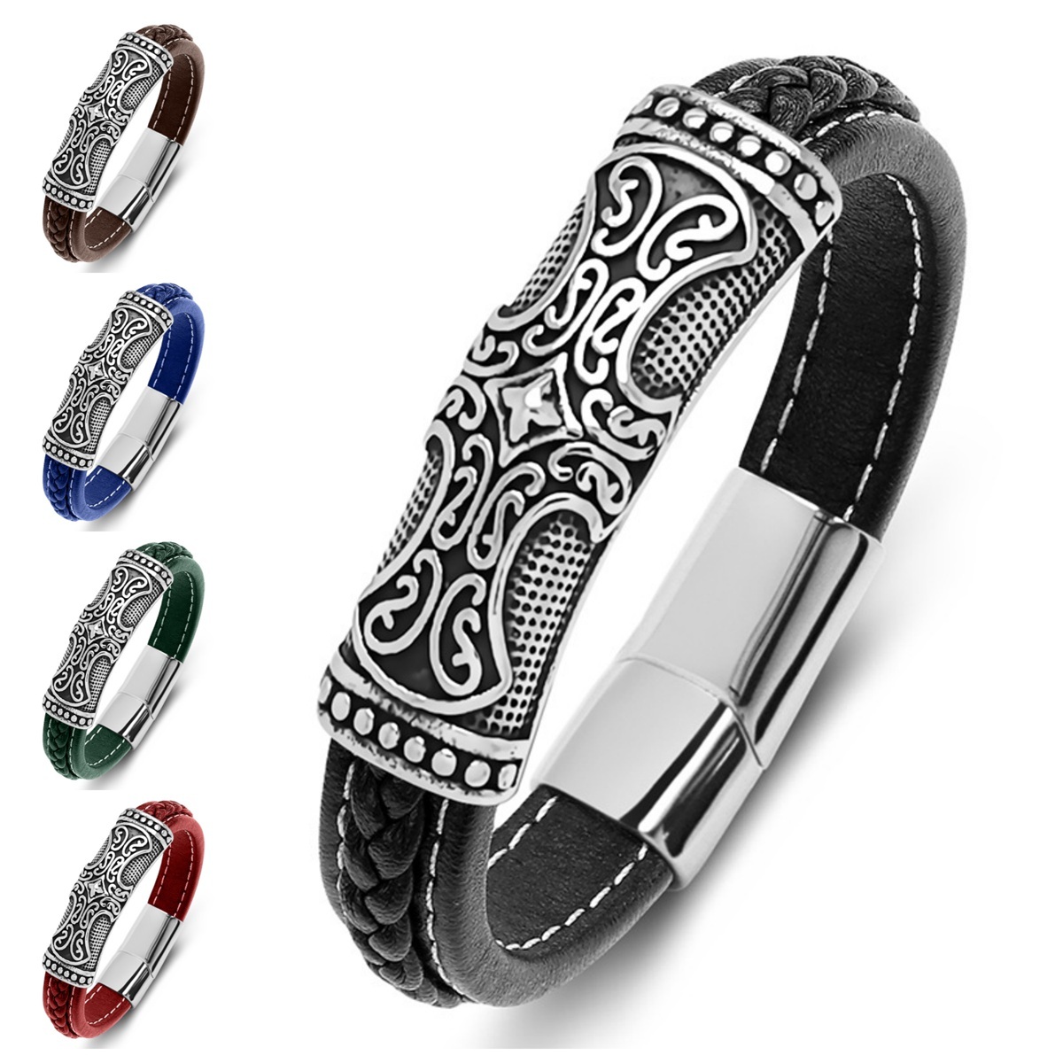 Men's Braided Leather Bracelet Cross Relief  Stainless Steel Clasp Wristband Cuff Rope Bangle for Men Gifts