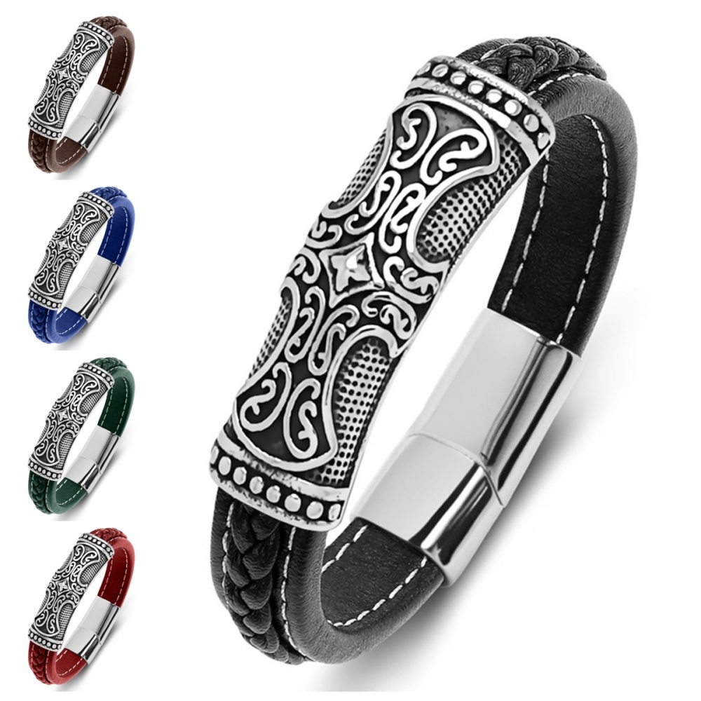 Men's Braided Leather Bracelet Cross Relief  Stainless Steel Clasp Wristband Cuff Rope Bangle for Men Gifts