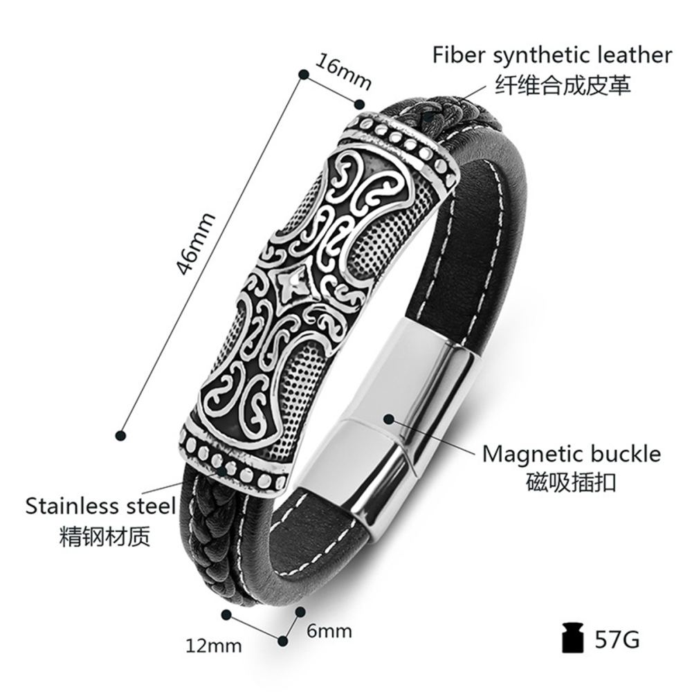 Men's Braided Leather Bracelet Cross Relief  Stainless Steel Clasp Wristband Cuff Rope Bangle for Men Gifts