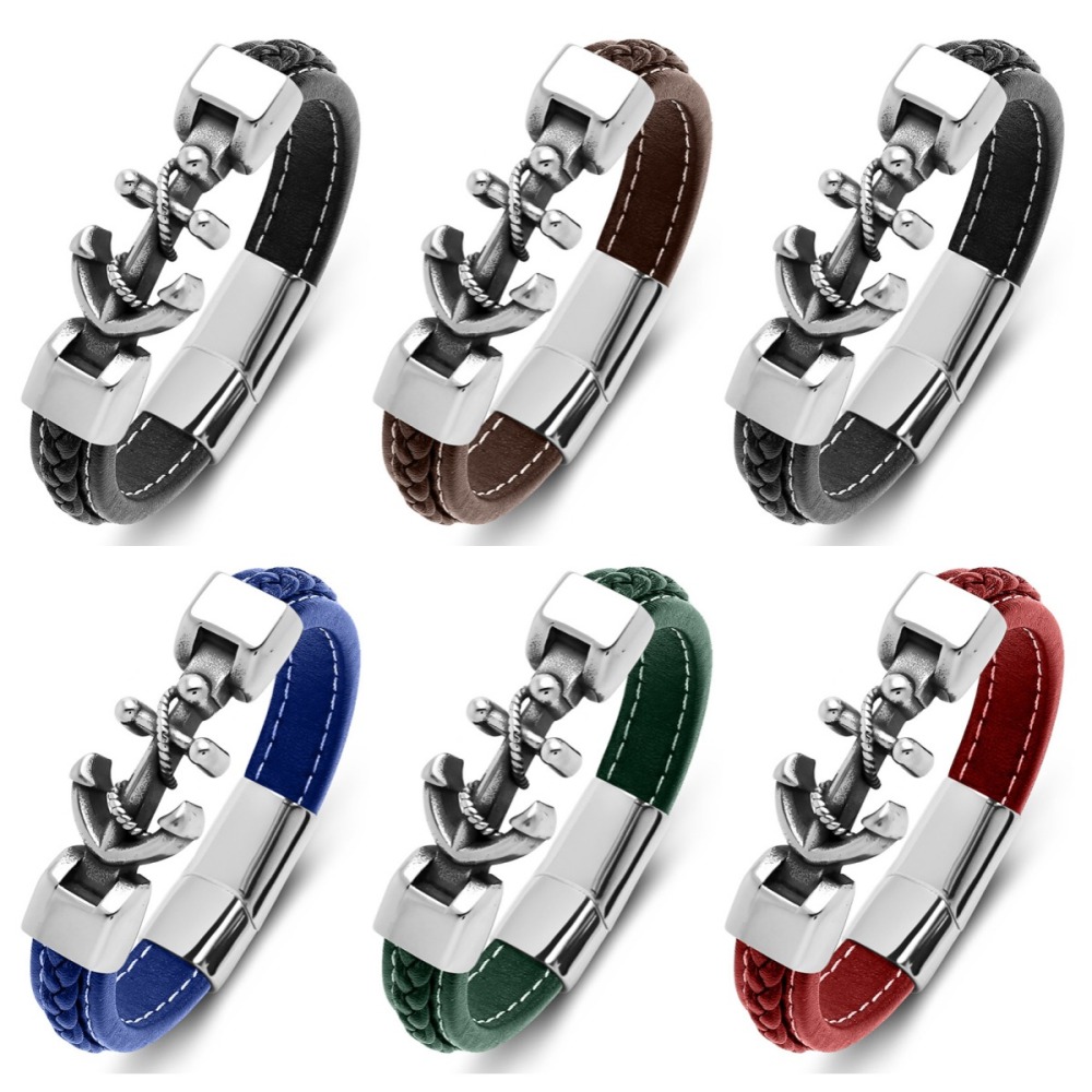 Men's Braided Leather Bracelet  Anchor Stainless Steel Clasp Wristband Cuff Rope Bangle for Men Gifts