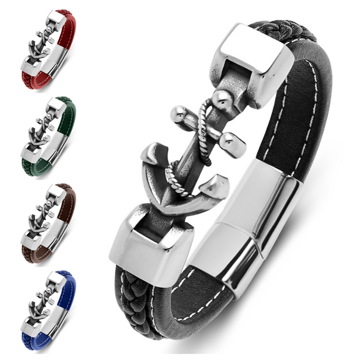 Men's Braided Leather Bracelet  Anchor Stainless Steel Clasp Wristband Cuff Rope Bangle for Men Gifts