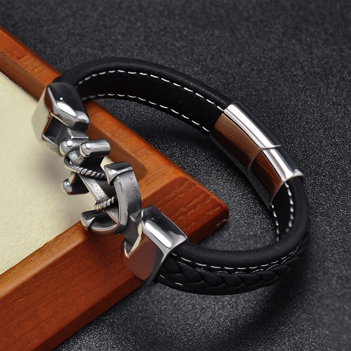 Men's Braided Leather Bracelet  Anchor Stainless Steel Clasp Wristband Cuff Rope Bangle for Men Gifts