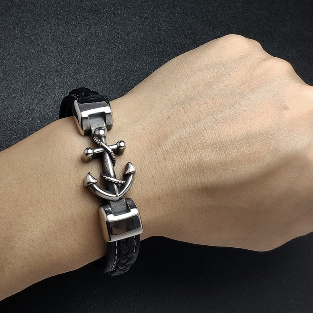 Men's Braided Leather Bracelet  Anchor Stainless Steel Clasp Wristband Cuff Rope Bangle for Men Gifts