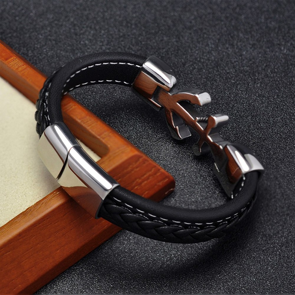 Men's Braided Leather Bracelet  Anchor Stainless Steel Clasp Wristband Cuff Rope Bangle for Men Gifts