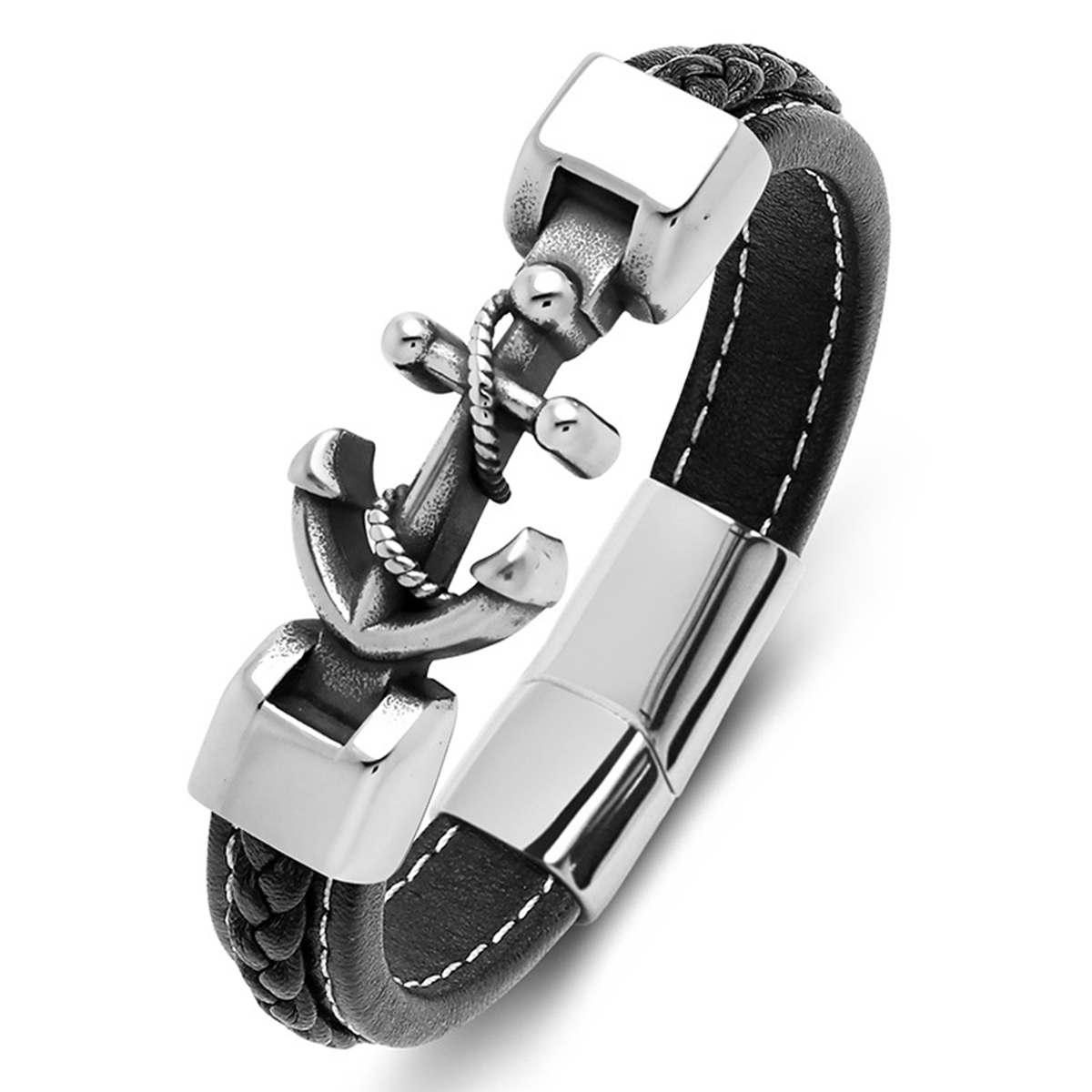 Men's Braided Leather Bracelet  Anchor Stainless Steel Clasp Wristband Cuff Rope Bangle for Men Gifts