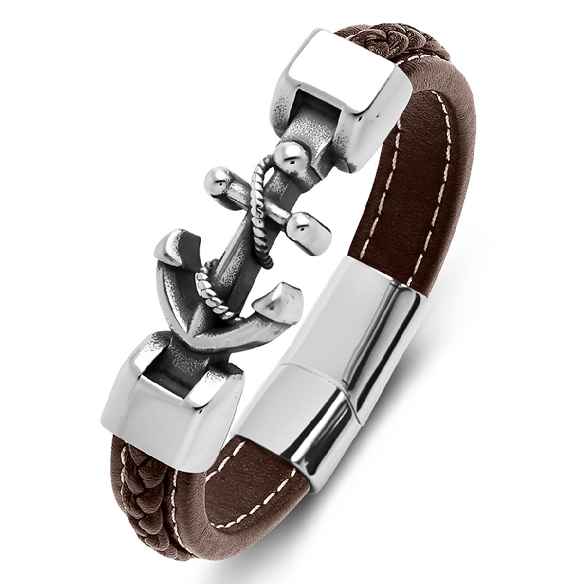 Men's Braided Leather Bracelet  Anchor Stainless Steel Clasp Wristband Cuff Rope Bangle for Men Gifts