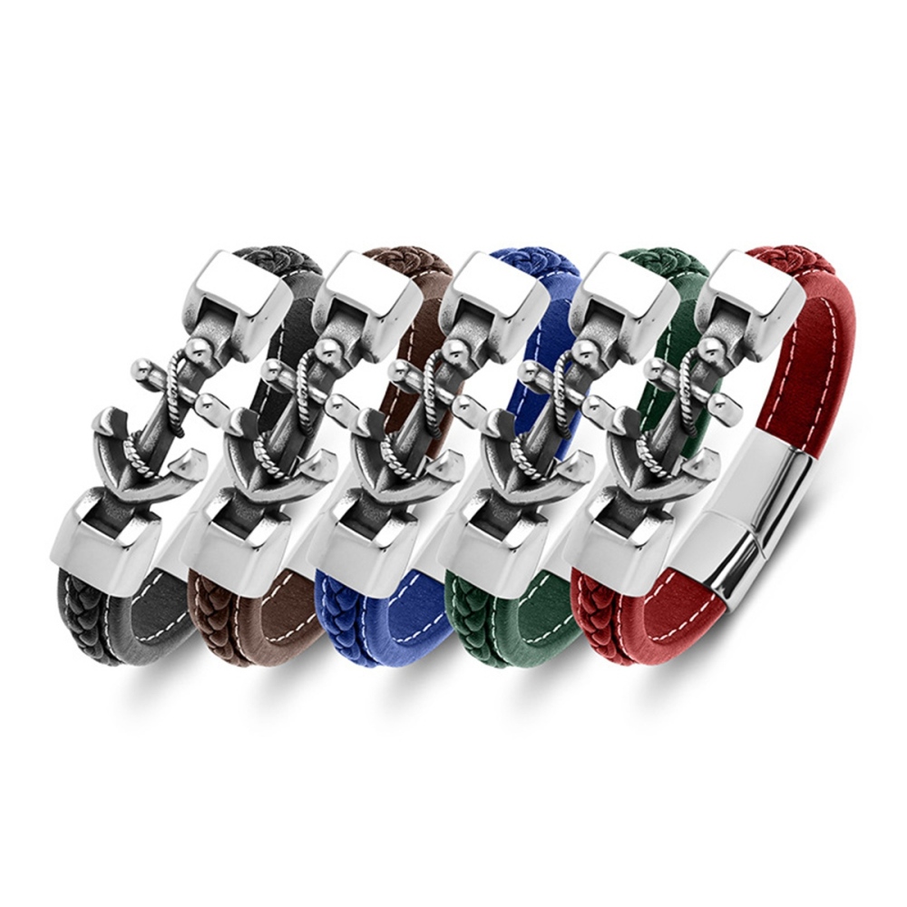 Men's Braided Leather Bracelet  Anchor Stainless Steel Clasp Wristband Cuff Rope Bangle for Men Gifts
