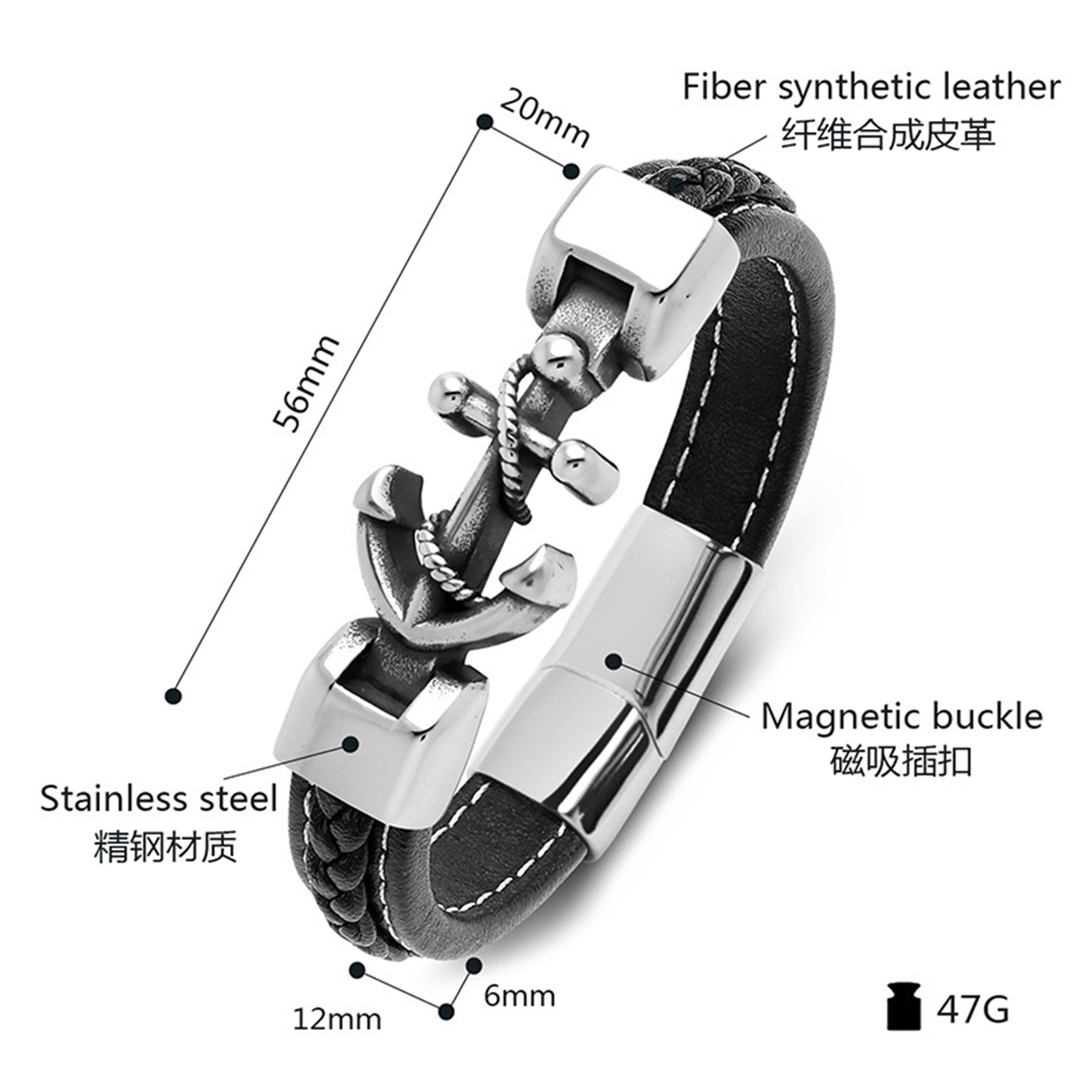 Men's Braided Leather Bracelet  Anchor Stainless Steel Clasp Wristband Cuff Rope Bangle for Men Gifts