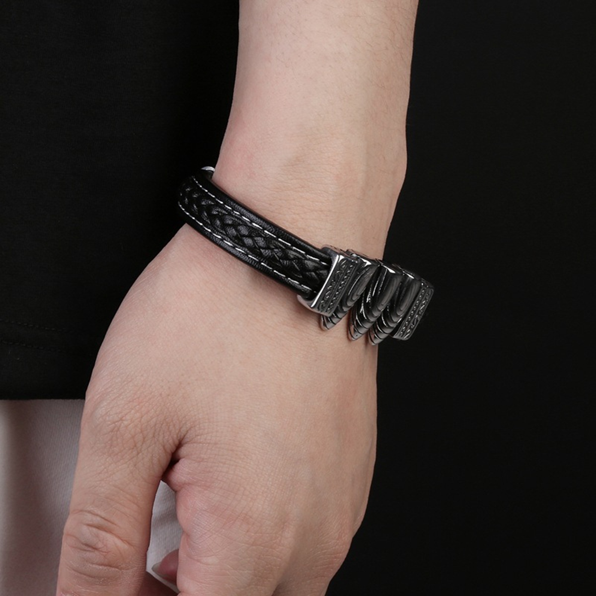 Men's Braided Leather Bracelet Silver Bullet Stainless Steel Clasp Wristband Cuff Rope Bangle for Men Gifts