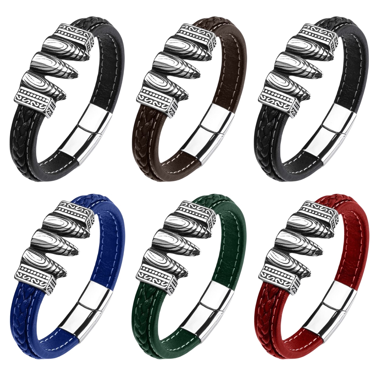 Men's Braided Leather Bracelet Silver Bullet Stainless Steel Clasp Wristband Cuff Rope Bangle for Men Gifts