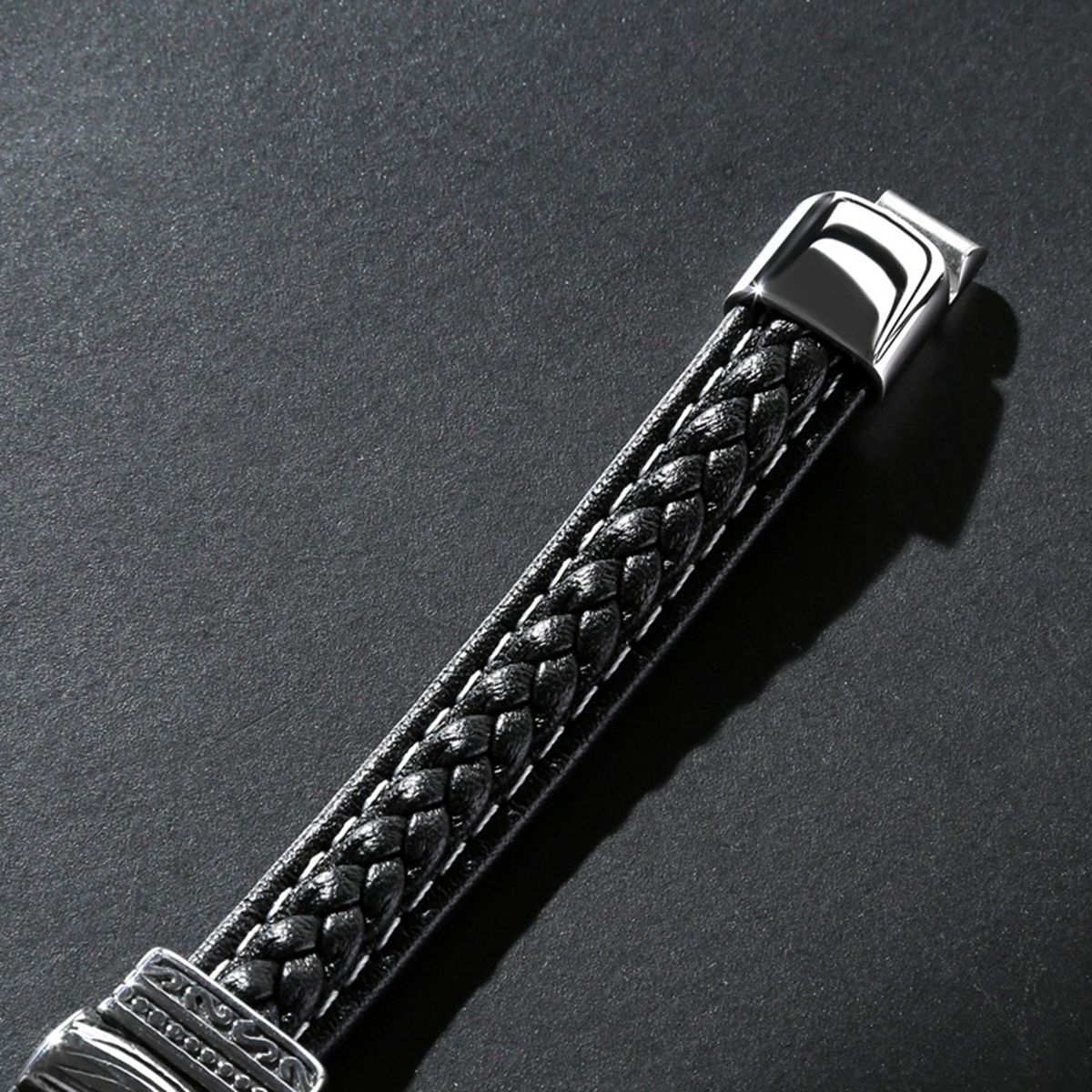 Men's Braided Leather Bracelet Silver Bullet Stainless Steel Clasp Wristband Cuff Rope Bangle for Men Gifts