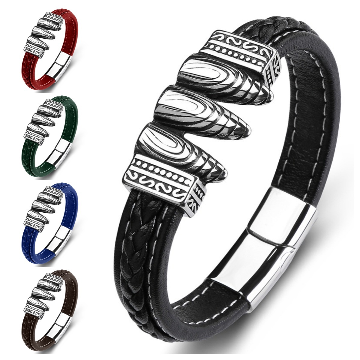 Men's Braided Leather Bracelet Silver Bullet Stainless Steel Clasp Wristband Cuff Rope Bangle for Men Gifts