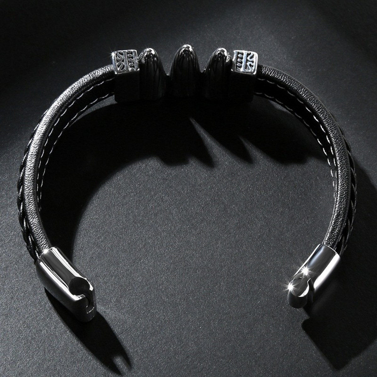 Men's Braided Leather Bracelet Silver Bullet Stainless Steel Clasp Wristband Cuff Rope Bangle for Men Gifts