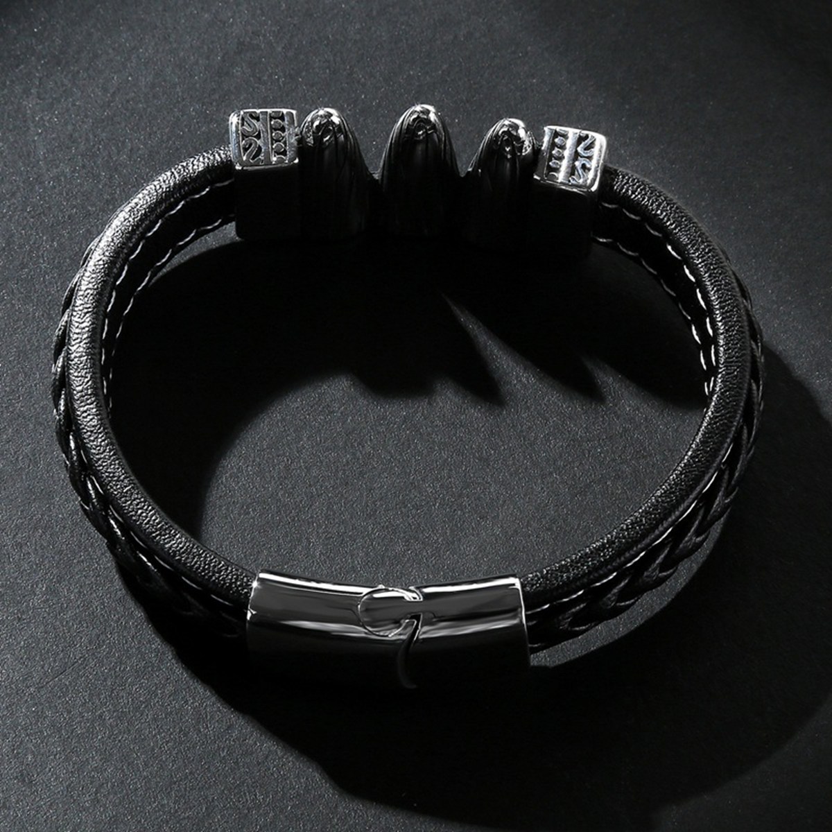 Men's Braided Leather Bracelet Silver Bullet Stainless Steel Clasp Wristband Cuff Rope Bangle for Men Gifts
